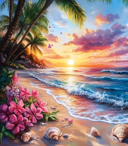 Tablou pictura pe numere, Apus tropical, rama din lemn, 40 x 50 cm, PM10025