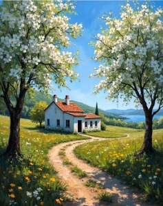 Tablou pictura pe numere, Casa intre pomi infloriti, rama din lemn, 40 x 50 cm, PM10062