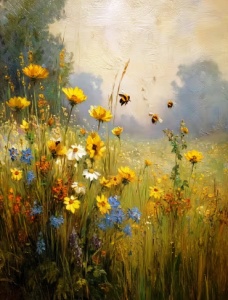 Tablou pictura pe numere, Pajiste cu flori, rama din lemn, 40 x 50 cm, PM10067