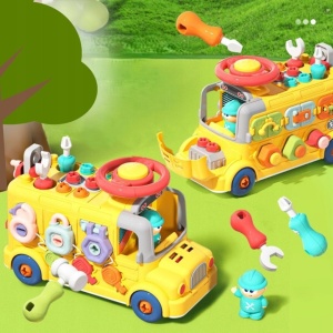 Autobuz atelier STEM cu volan, 5 unelte, suruburi, rotite dintate si activitati - Img 4