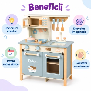 Bistro Bleu – Bucatarie de jucarie din lemn cu cuptor, microunde si accesorii - Img 4