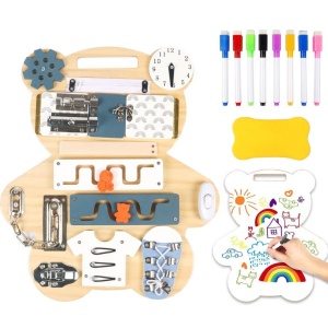 Busy board 9 in 1 din lemn cu tablita de scris, Ursulet