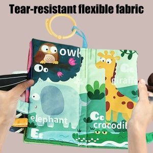 Carte textila senzoriala pentru bebelusi cu elemente fosnitoare si cozi textile - Animale salbatice - Img 6