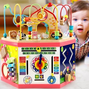 Centru de activitati cub Montessori 7 in 1 din lemn, Hexagon