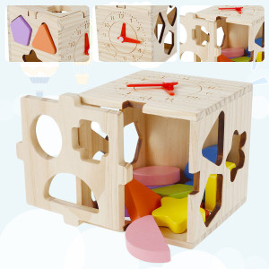 Cub sortator cu forme geometrice din lemn si ceas