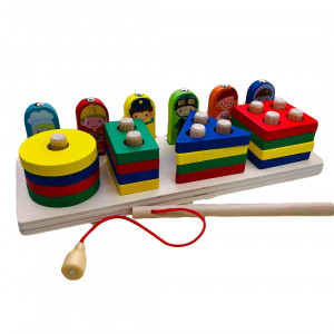 Joc educativ 3 in 1 din lemn, sortatare, asociere si pescuit magnetic