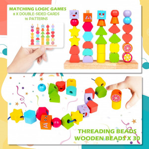 Joc educativ de stivuire cu 5 coloane din lemn, Bead String