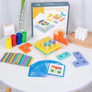 Joc educativ multifunctional 3 in 1 cu forme, inele, betisoare si cartonase