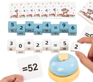 Joc interactiv de matematica Digital Battle Game, cuburi din lemn, cartonase si clopotel - Img 8