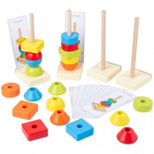 Joc Montessori 4 coloane de stivuit dupa sablon, lemn masiv, 24 piese