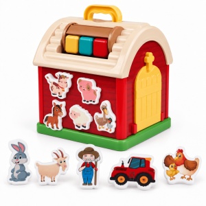 Jucarie casuta ferma educativa portabila, cu sortator de forme si 10 figurine