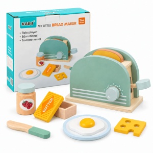 Jucarie prajitor de paine din lemn cu accesorii pentru micul dejun, Toaster Bread, 9 piese