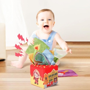 Jucarie senzoriala din material textil tip cutie cu servetele, Pompieri