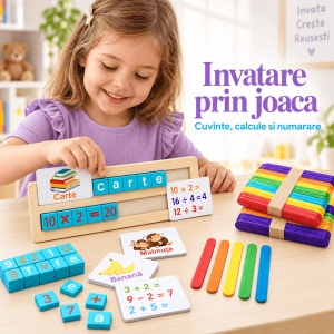 Pachet educativ din lemn cu litere, cuvinte, calcule, numarare si sortare, joc alfanumeric si 50 betisoare colorate - Img 3