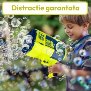 PIstol cu baloane colorate, 2 capete interschimbabile 132/73 orificii, acumulator, lumini, rezerve lichid, Bubble Gun, Verde