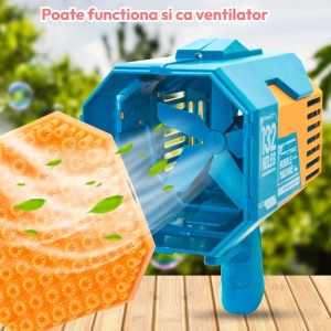 PIstol cu baloane colorate, 2 capete interschimbabile 132/73 orificii, acumulator, lumini, rezerve lichid, Bubble Gun, Albastru