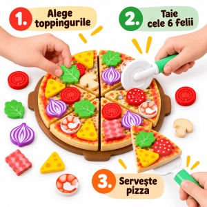 Pizza din lemn de feliat cu arici, toppinguri si accesorii, 27 piese - Img 4