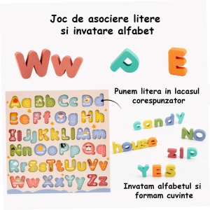 Puzzle alfabet din lemn cu litere mari si mici, 52 piese