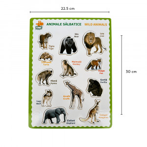 Puzzle bilingv din lemn, Limba Romana si Engleza, Animale Salbatice