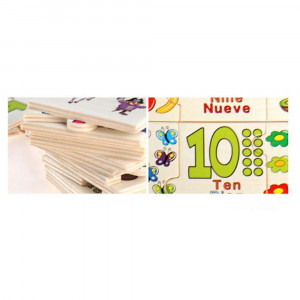 Puzzle de asociere din lemn cu numere si obiecte, Engleza si Spaniola, 30 piese