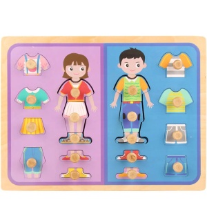 Puzzle Incastru din Lemn cu Maner Gros, Hainele fetita si baietel