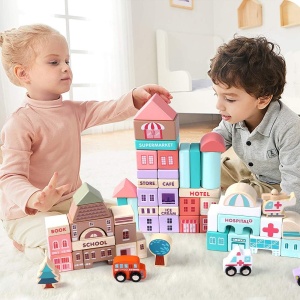 Set 115 piese de constructie din lemn cu plansa, Orasel