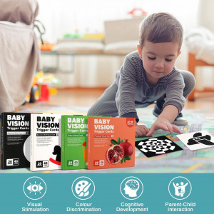 Set 40 imagini stimulare vizuala si senzoriala bebelusi, carduri alb, negru, rosu, 3-6 luni