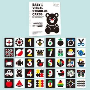 Set 40 imagini stimulare vizuala si cognitiva bebelusi, carduri alb-negru-multicolor, 3-6 luni, Ursulet
