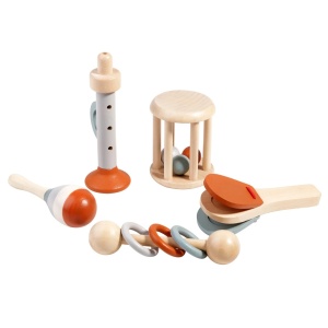 Set 5 instrumente muzicale din lemn pentru copii, Pastel