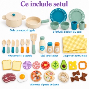Set de bucatarie pentru copii, cu ustensile, vesela si alimente din lemn – 40 de piese - Img 4