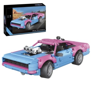 Set de constructie masina sport retro Muscle Car, roz-bleu, motor cu pistoane mobile, 925 piese