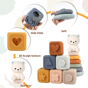 Set de joaca 2 in 1 cuburi moi si inele de stivuire, Ursulet