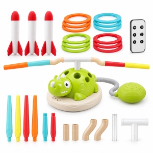 Set de joaca activa 3 in 1 Dinozaur, cu muzica, telecomanda, lansator de rachete si 12 inele