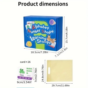 Set educativ cu 45 stampile din lemn si carduri - Alfabet, forme si cifre