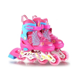 Set role reglabile 2 in 1 cu echipament protectie si ghiozdanel, marime ajustabile 30-34, Roz