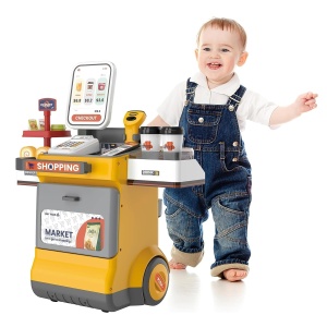Set supermarkert electronic de jucarie mobil cu roti, sunete si functii, 48 piese, portocaliu - Img 7