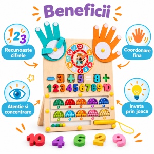 Tablita multifunctionala Montessori din lemn, cu numarare pe degete, labirint magnetic si ceas educativ, 3 ani+ - Img 4