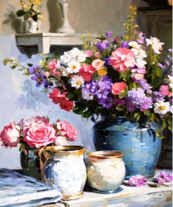 Tablou pictura cu diamante, Buchet de flori in vaza, Goblen 5D, rama din lemn, 40 x 50 cm, GM10046