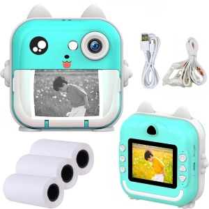 Aparat foto digital copii cu imprimare fotografie instant, 24 MP 1080p, Display LCD color 3.2", Turcoaz
