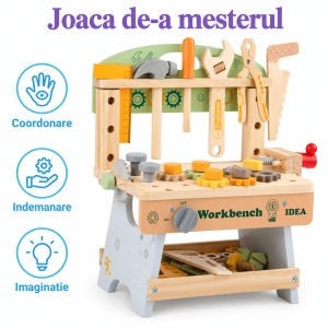 Banc de lucru din lemn WorkBench Idea, cu unelte, menghina si piese de constructie - Img 7