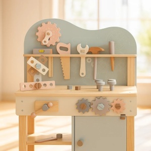 Banc de scule din lemn cu accesorii incluse si dulapior depozitare