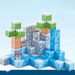 Blocuri magnetice de constructie 3D tip Minecraft, 2 cm - 66 piese - Iarna