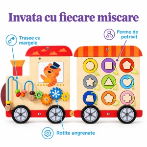 Busy Board Montessori din lemn pentru perete – Trenuletul cu 5 module de activitati, 147 cm - Img 4