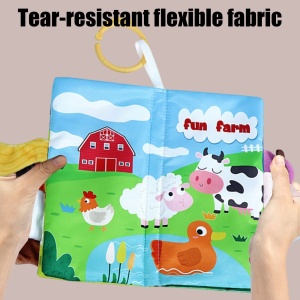 Carte textila senzoriala pentru bebelusi cu elemente fosnitoare si cozi textile - Ferma - Img 6