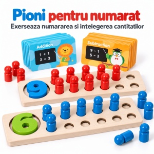 Joc educativ de matematica din lemn, cu pioni de numarare, cifre si carduri pentru adunari si scaderi - Img 6