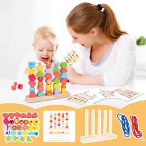 Joc educativ de stivuire cu 5 coloane din lemn, Bead String