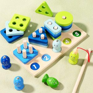 Joc multifunctional de sortare forme din lemn si pescuit, 23 piese