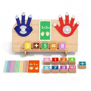 Joc multifunctional matematic din lemn, numara si calculeaza pe degete, cu 28 de cartonase si jetoane colorate
