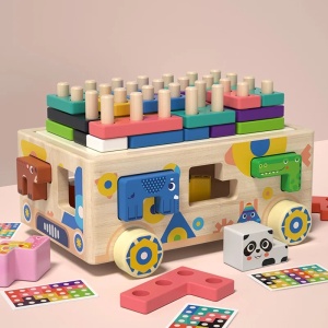 Jucarie camion din lemn cu sortator forme geometrice si animalute, Geometry Car