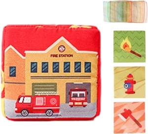 Jucarie senzoriala din material textil tip cutie cu servetele, Pompieri